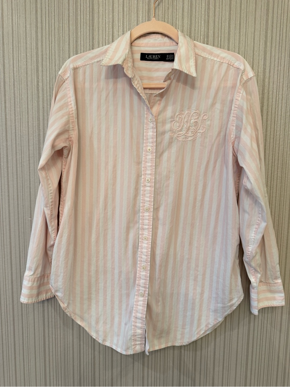 Lauren Ralph Lauren Light Pink & White Striped Cotton Button-Down Shirt